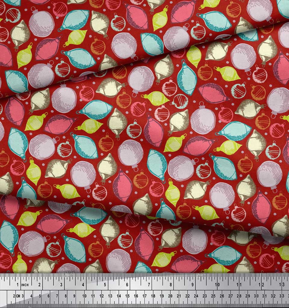 Soimoi Red Cotton Voile Fabric Dot & Ornaments Christmas Printed Fabric 1 Yard 56 Inch Wide