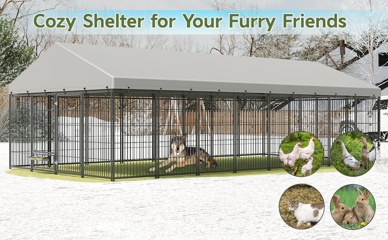 VEPXXP Large Outdoor Dog Kennel 18.9'x9.61'x6.23' Metal Pet Enclosure with Roof & Rotating Feeders