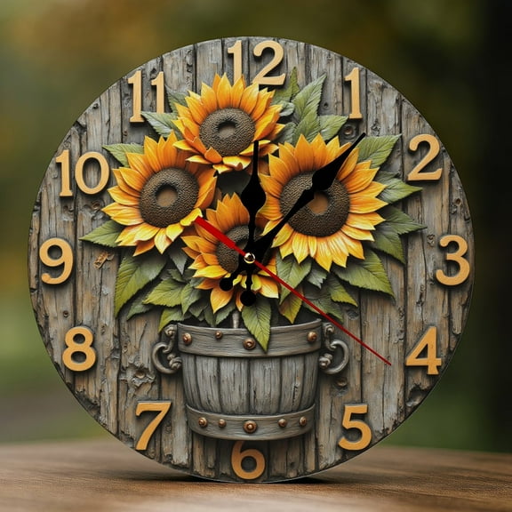 Wall Clock Decorative - Sunflower Bucket Rustic Print 2D Vintage Wall Clocks Battery Operated Silent Non-Ticking for Bedroom, Living Room, Kitchen, Office, Classroom, 10 Inch