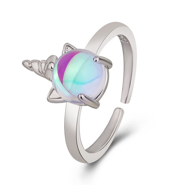 Anillo de plata S925 con degradado de arcoíris y unicornio de ensueño de Fang Xing, anillo de mujer con corazón para niña, regalo para dedo índice