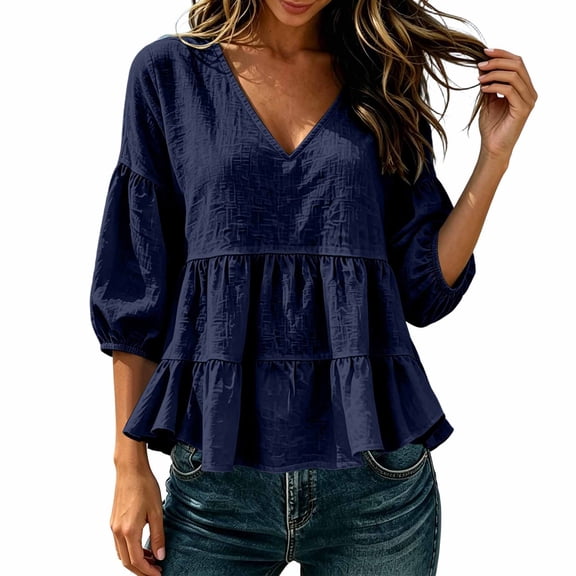 Guluxicc Women's Linen Blosures Loose Ruffled Bottom V Neck Short Bubble Sleeve Tops for Everyday Wear Spirng Summer Casual Outfits