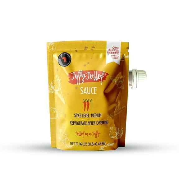 Jiffy Jollof Sauce, Authentic Nigerian Tomato Pepper Blend for One-Pot Meals, Spicy Pasta, Roasted Bell Pepper Stew, Hot Cooking Sauce, 16oz Food Pouch
