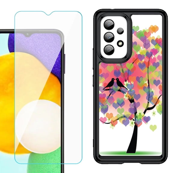 Shockproof Bumper (Black Frame) phone Case for Samsung Galaxy A23 5G, with Tempered Glass Screen Protector, by OneToughShield ® - Color Hearts Tree