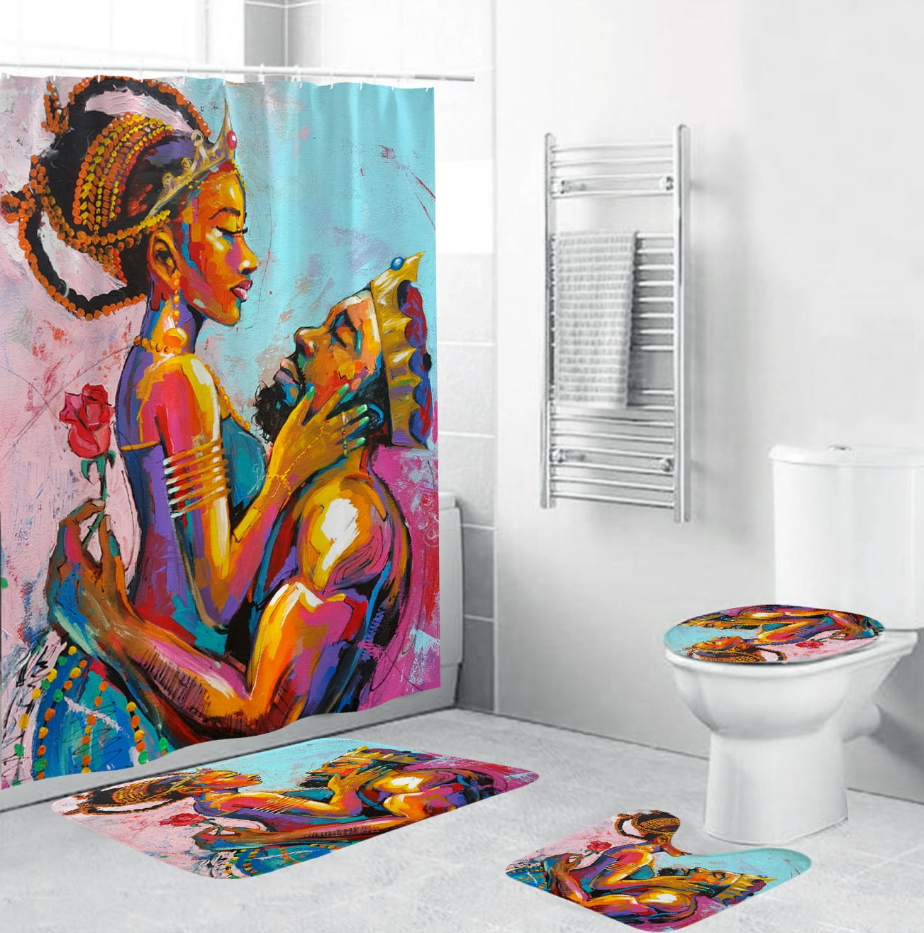 Sweet African Couple Shower Curtain Bath Mat Toilet Cover Rug Bathroom Decor Set