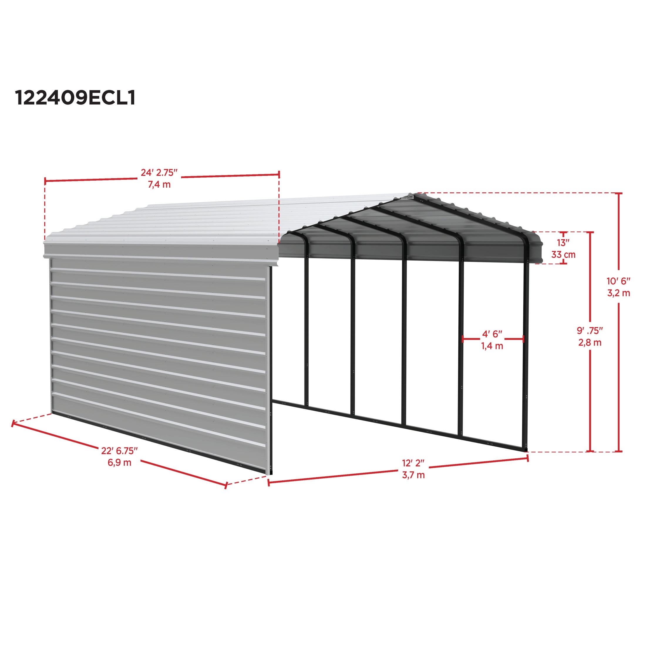 Arrow 12 x 24 x 9 ft Eggshell Carport With 1 Side Wall Kit