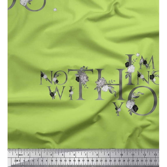 Soimoi Green Velvet Fabric Floral Love Quotes Text Print Fabric by Yard 60 Inch Wide
