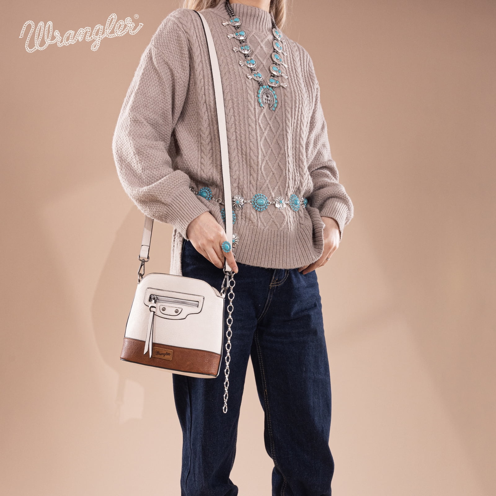 Wrangler Small Crossbody Bags for Women Shoulder Cute Purses and Handbags with Adjustable Strap, Beige-Black