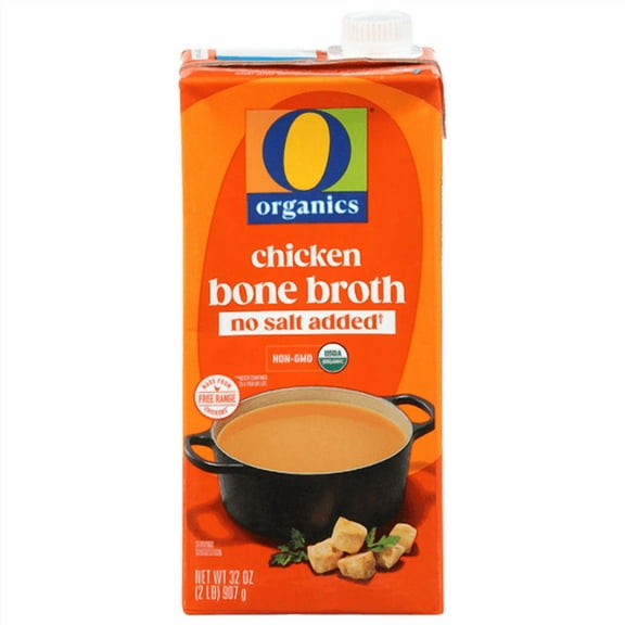 O O Chicken Bone Broth USDA Organic Non-GMO Keto-Friendly No Salt Added 32 oz