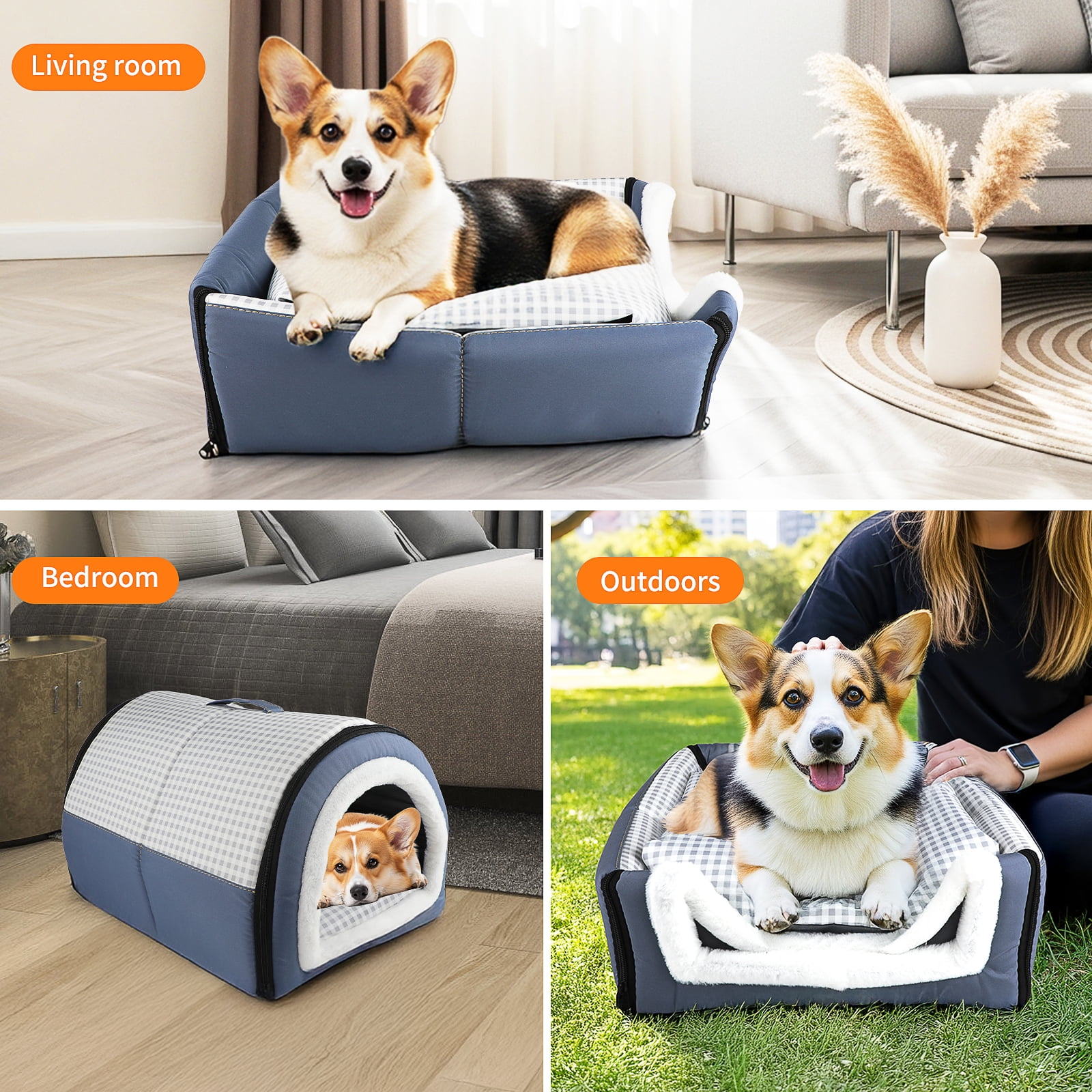 MASBRILL 2-in-1 Dog & Cat Bed with Reversible Pillow – Soft Warm Cozy Pet House for Indoor Small to Medium Dogs with Anti-Slip Bottom, Foldable & Waterproof ,17.7inch