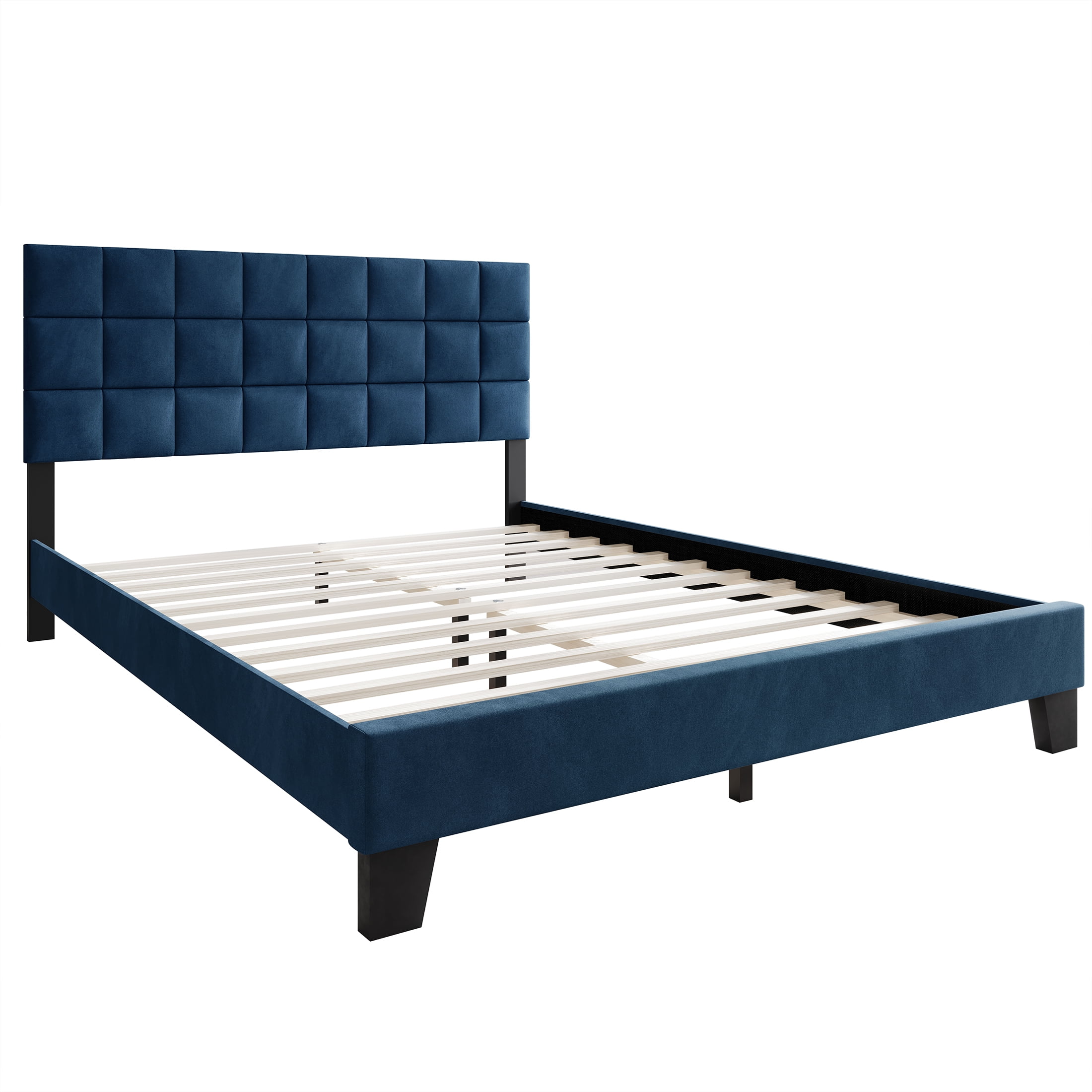Castle Place Elegant Velvet Upholstered Queen Platform Bed, Navy Blue