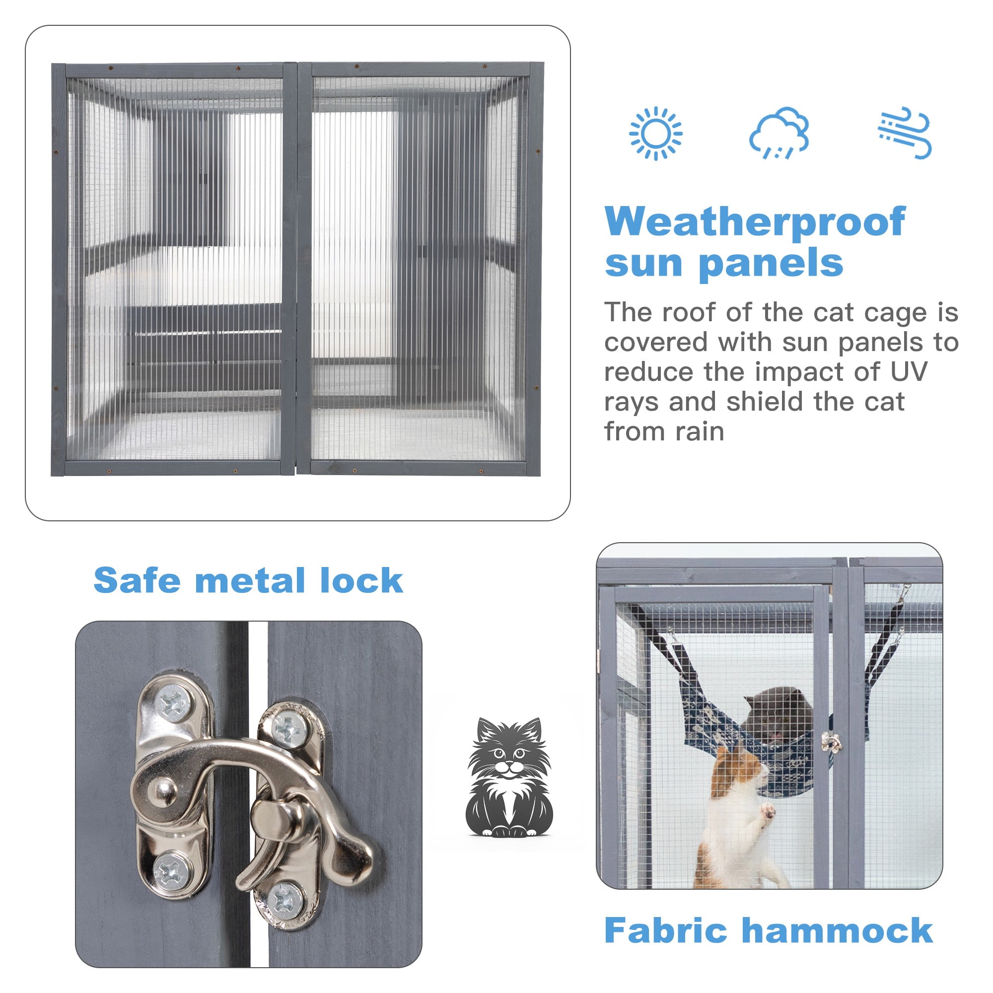 Pefilos 64" Cat House Outdoor Catio Cat Enclosures Wooden Kitty House with Platforms, Waterproof Roof, Hammock, Gray
