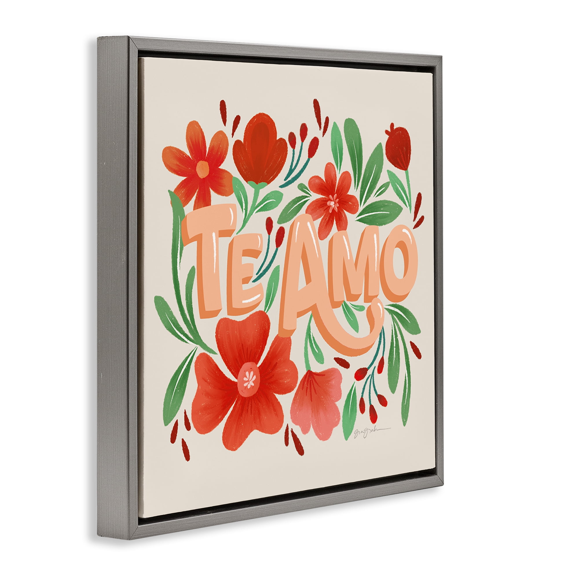 Stupell Industries Te Amo con Flores Rojas Floral & Botanical Painting Gray Floater Framed Art Print Wall Art, 25 x 25