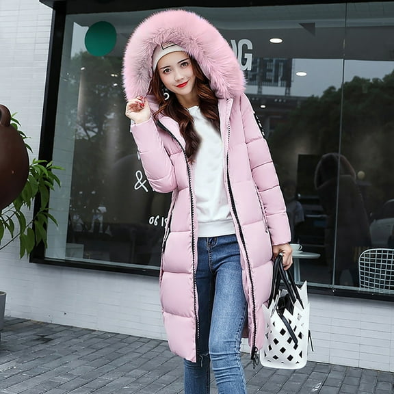 Brnmxoke Womens Puffer Jackets Long Warm Winter Coats Plush Plus Size Parka Coats Full Zip Thicken Padded Outwear Overcoats with Faux Fur Hood