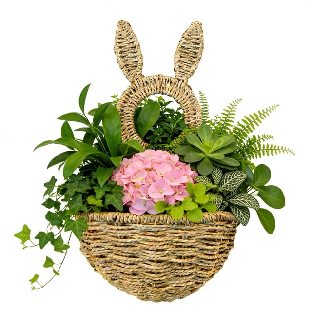 Cesta colgante de pared con diseño de conejito de Pascua - Decoración abierta sin forro para ramos, dulces y flores de Pascua - Para uso en interiores o exteriores cubiertos para una decoración