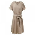 thumbnail image 1 of Women Mini Dress High Waist Short Sleeve Basic Flowy Dress Loose Fit V Neck Solid Color Belted Party Dress, 1 of 9