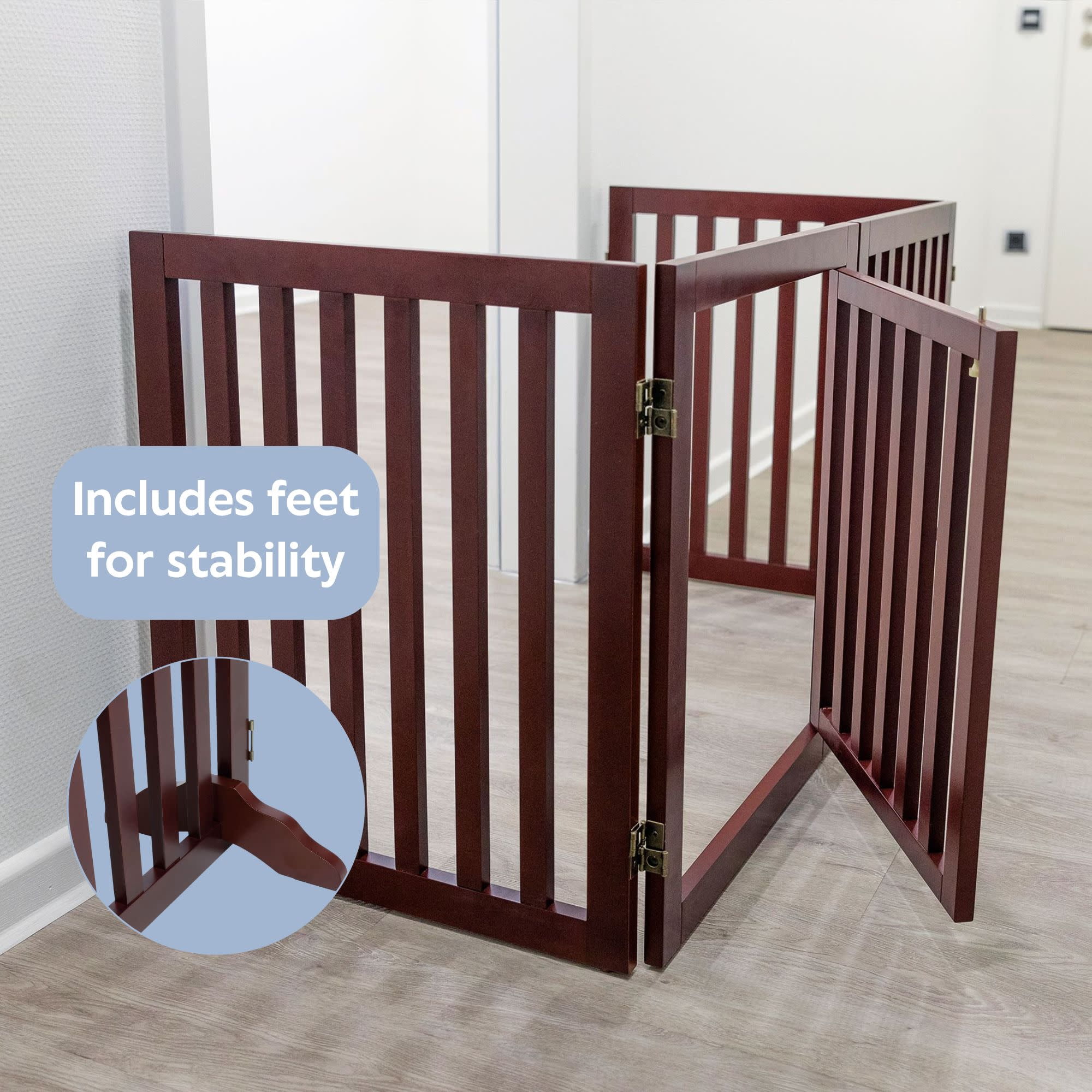 TRIXIE 4-Panel Convertible Wooden 81.2" Freestanding Pet Gate with Pet Door, Brown