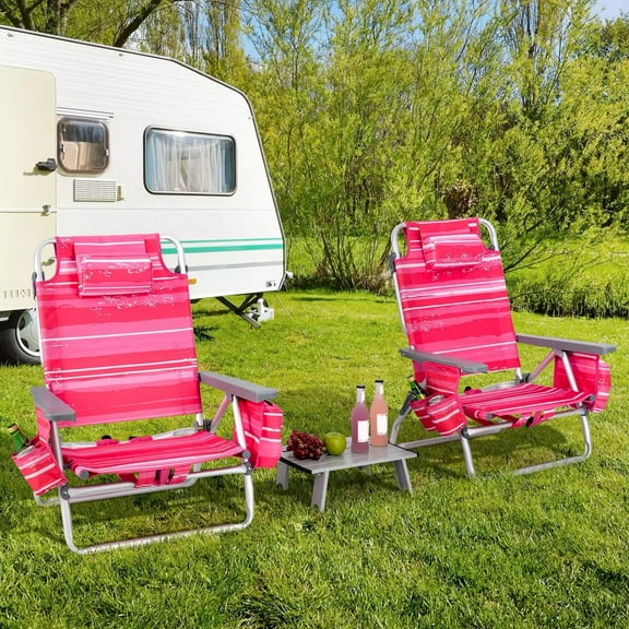 Auranook 2-Pack Folding Backpack Beach Chair Table Set 5-Position Outdoor Reclining Chair