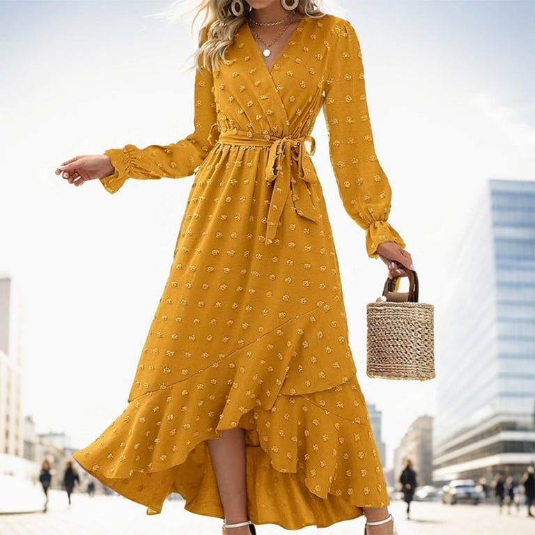 Riforla Women Fashion Boho Maxi Dress V Neck Long Sleeve A Line Flowy Slit  Wedding Party Dresses Yellow XXL