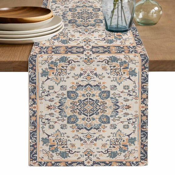 Boho Blue Table Runner, Southwestern Ethnic Vintage Mexican Flowers Washable Cotton Linen Table Runners 36 Inches Long, Dresser Scarf Runner for Nightstand/End Tables/Round Tables 13''x36''