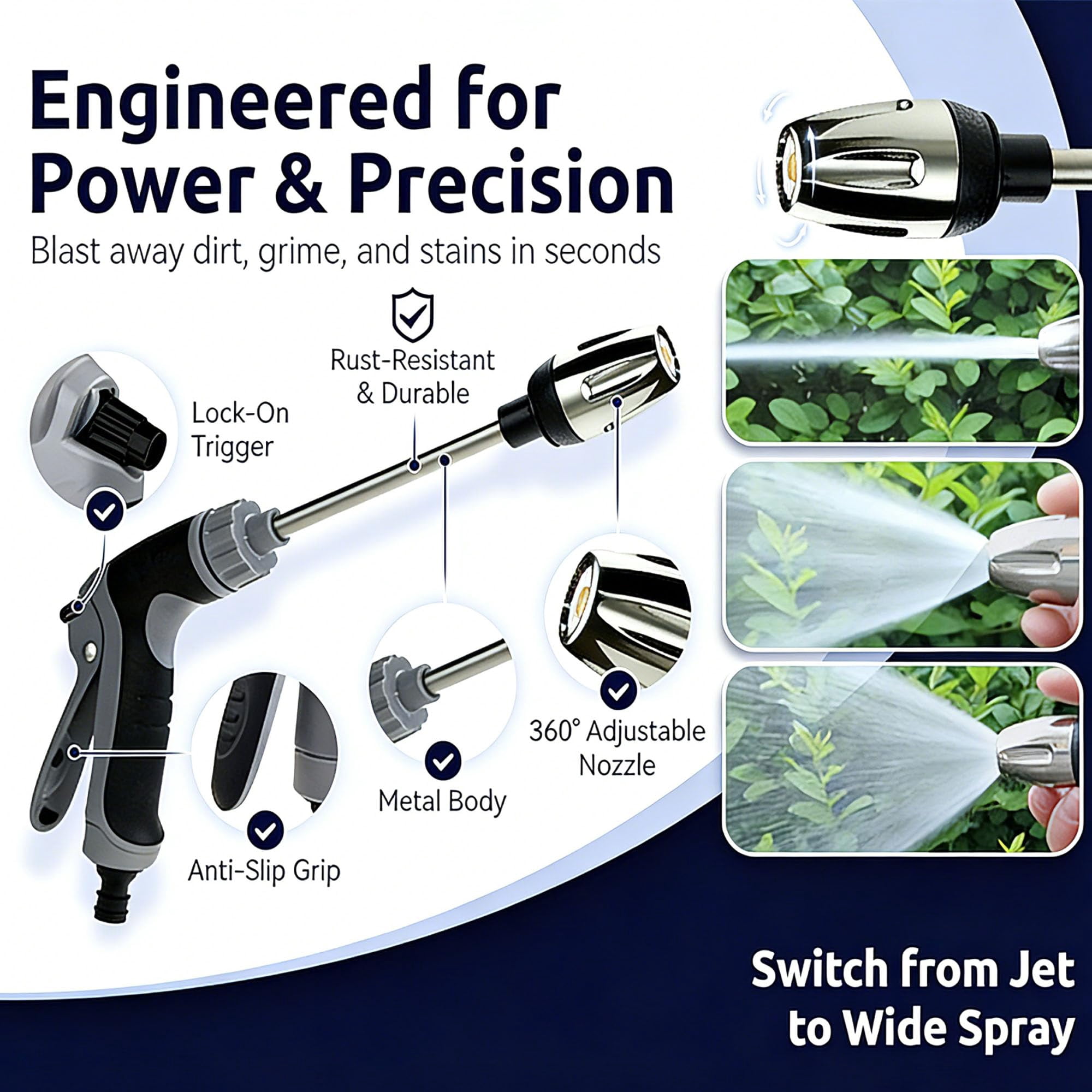 Garden Hose Nozzle Fits 1.18" Faucets & 1/2"–3/4" Hoses, 3 Spray Modes, 360° Adjustable Spray, Lock-On Trigger Reduces Fatigue, Durable Stainless Steel for Cars & Patios