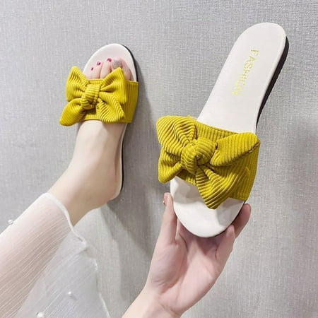 

Aayomet Womens Slippers Women s Flat Bottom Fashion Casual Large Knitted Fabric Bow Roman Sandals Yellow 7