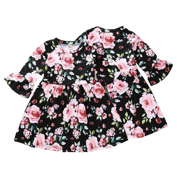 Esaierr Girls Roses Flower Princess Dress Flared Sleeve Sundress Clothes Spring Fall Crewneck Casual Dresses for Toddler Baby 1-5T