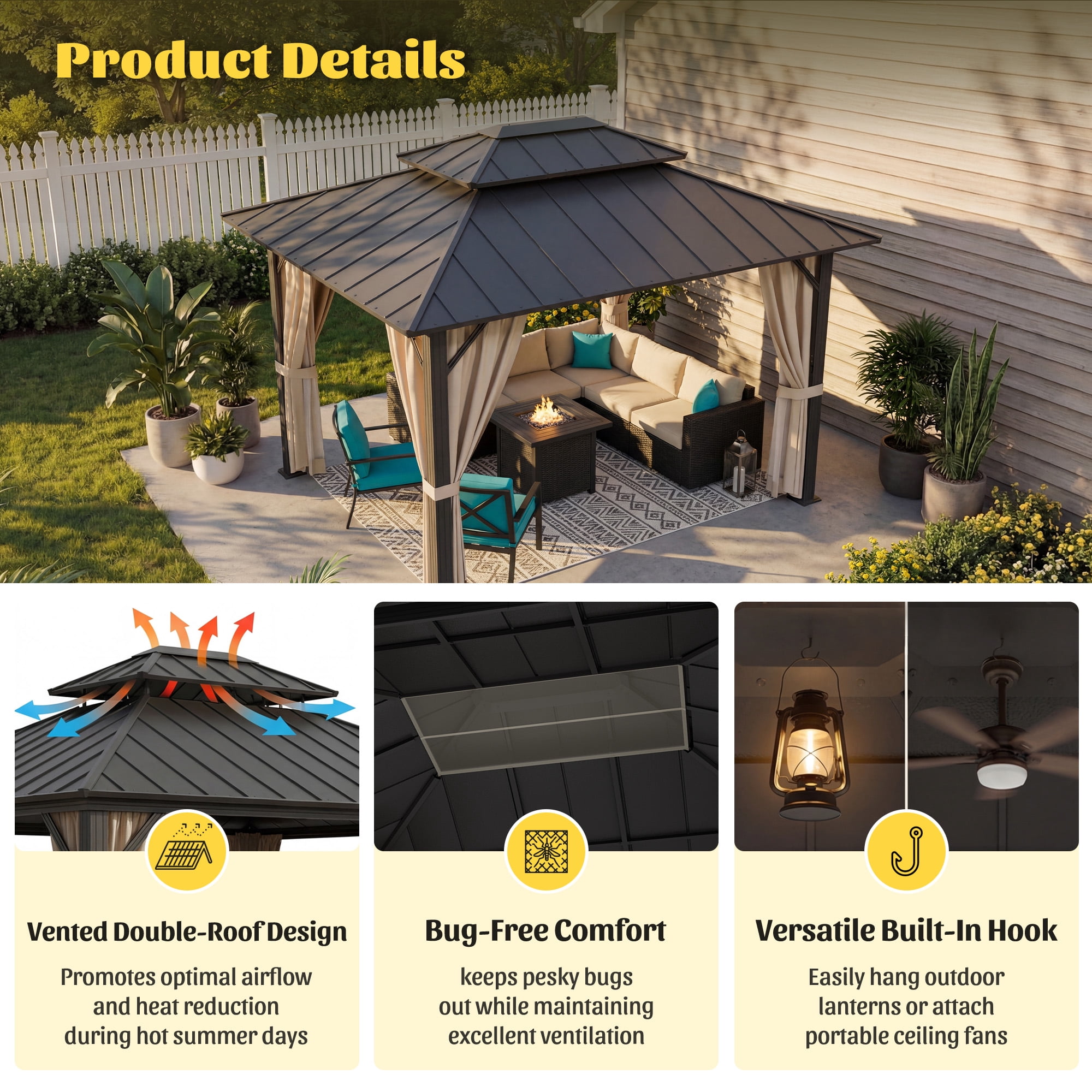 Homall 10x12 FT Hardtop Gazebo with Aluminum Frame Galvanized Steel Double Roof & Mosquito Net and Curtains for Garden Patio Lawns