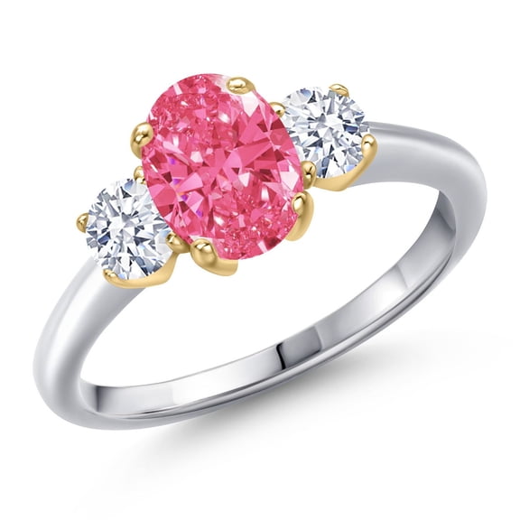 Gem Stone King 10K Two Tone Gold Fancy Pink Zirconia and White Zirconia Engagement Ring for Women | 1.71 Cttw | Oval 8X6MM | Gemstone Birthstone | Size 7
