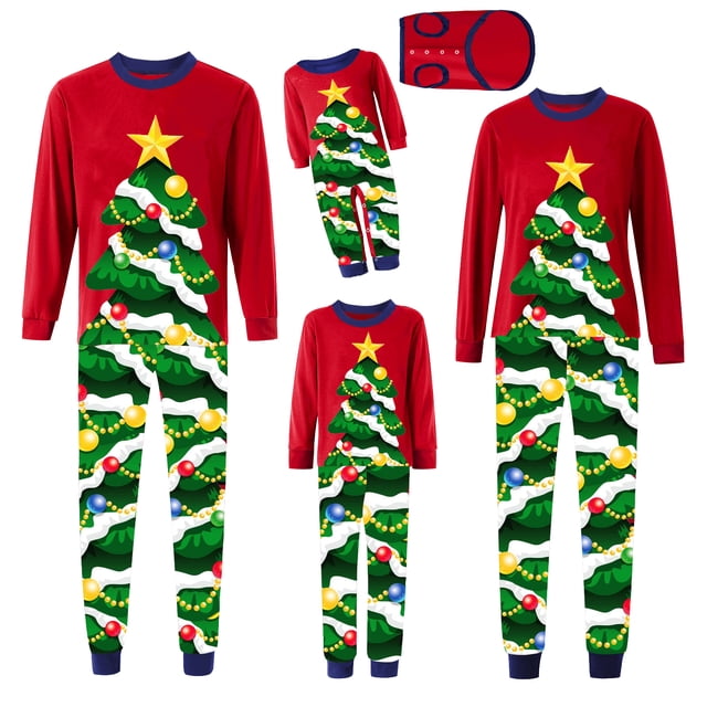 Pijamas navideños familiares a juego, conjunto de pijama con estampado de árbol de Navidad (camiseta y pantalón) para bebé/perro/perro/peluche).