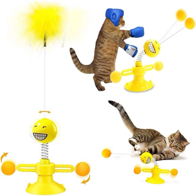 Juguetes para gatos para gatos de interior, molino de viento, juguete interactivo para gatos con plato giratorio, palo de plumas, base de ventosa, divertido gatito, bola de plumas, juguetes para
