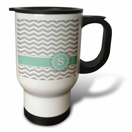 

3dRose Letter S monogrammed on grey and white chevron with mint - gray zigzags - personal initial zig zags Travel Mug 14oz Stainless Steel