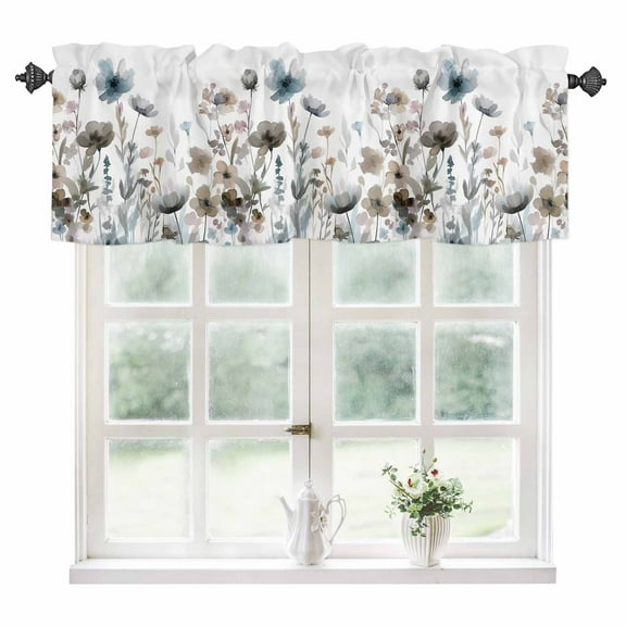 Blue Grey Pink Spring Floral Kitchen Valances for Windows 42x18 Inch Kitchen Curtains Valances Rod Pocket Watercolor Botanical Bathroom Window Valances for Window Treatment Decor