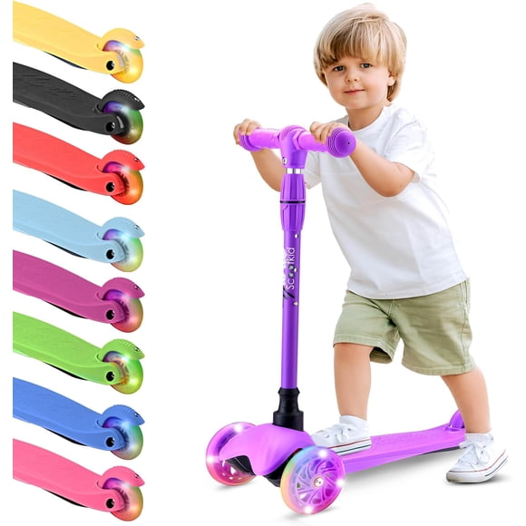 Hurtle Monopatin Scooter para Niños de 2 a 5 Años, 3 Ruedas con Luces LED, Mini Kickboard con Freno, Manillar Ajustable de 63 cm a 71 cm, Antideslizante, Patin del Diablo, Violeta