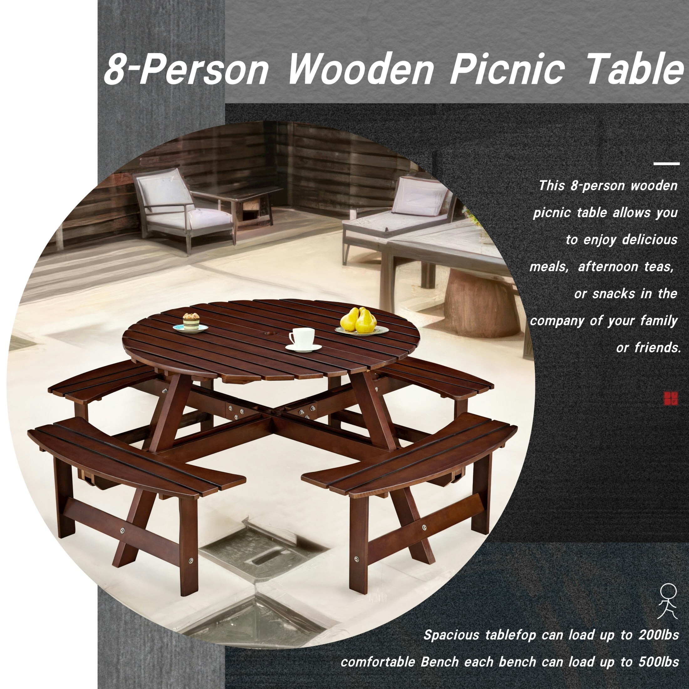 DEALTOPS 8 Person Wood Picnic Table with 4 Built-in Benches, Outdoor Round Table and Bench Set with Umbrella Hole for Park, Dark Brown