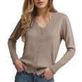 thumbnail image 6 of felwors Women's V Neck Long Sleeve Scalloped Knit Cardigan Lightweight Soft Sweater Coffee, XXL, 6 of 8