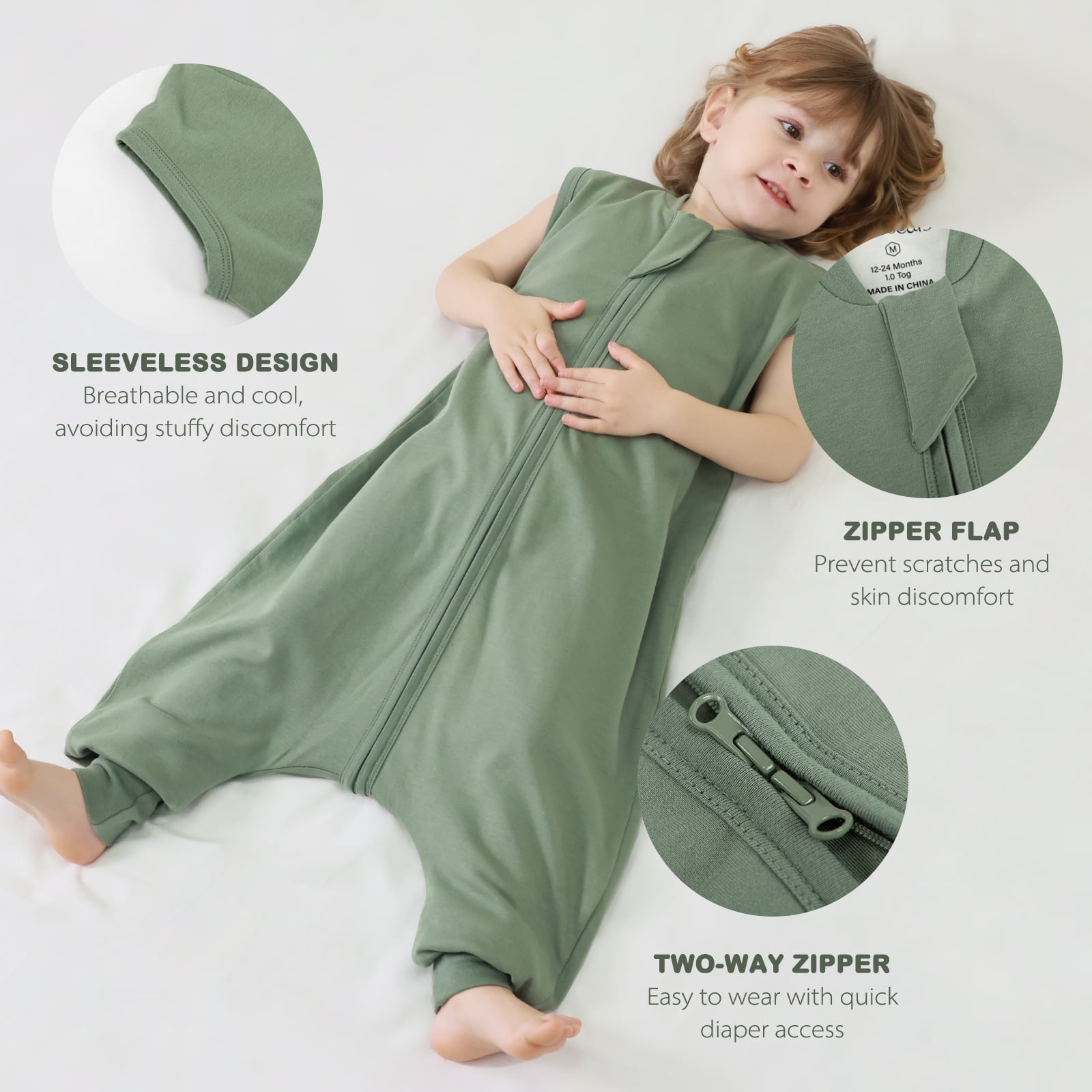 Mosebears 1.0 Tog Baby Sleeping Bag - Cotton Sleeveless Sleep Sack for Baby(Dark Green,S(6-12 Months))