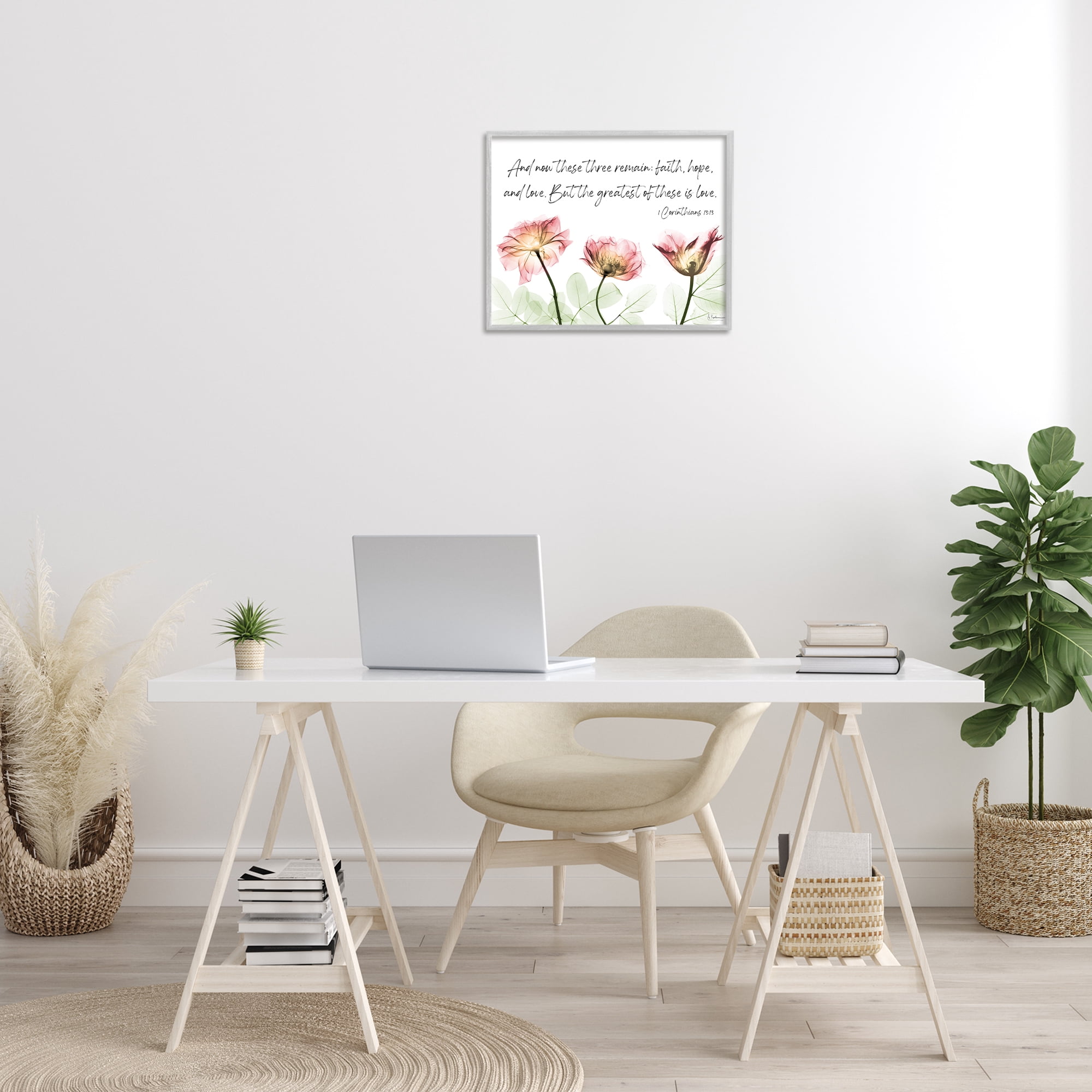 Stupell Industries Faith Hope Love Floral Religious Painting Gray Framed Art Print Wall Art, 20 x 16