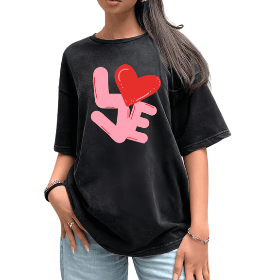 Playful Love Heart ThemedPrint Tshirt Valentine's Day Graphic Tees Shirts S-4XL Fashionable Holiday Occasion fashion washed Print Graphic tops