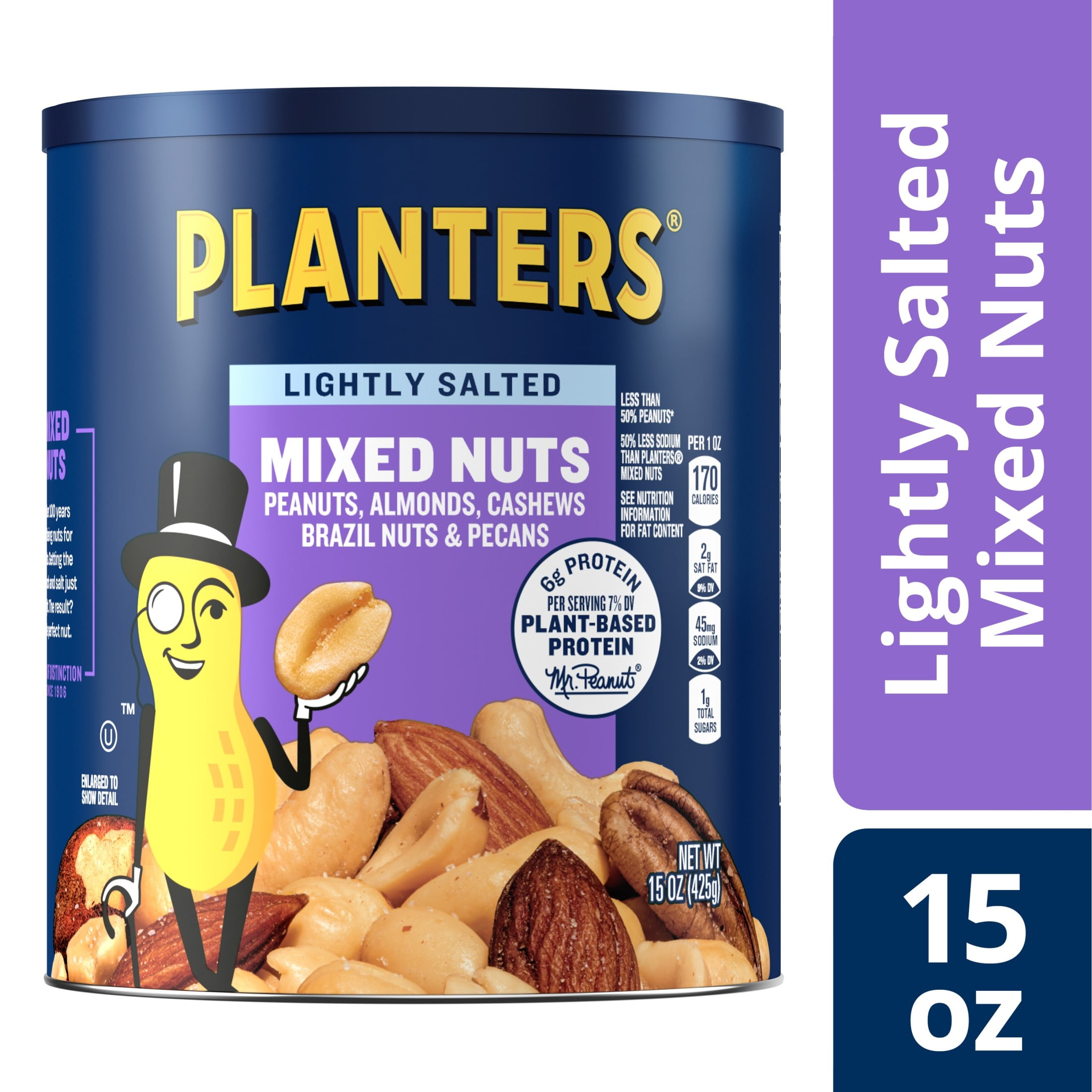 PLANTERS Lightly Salted Mixed Nuts, Party Snacks, Plant Based Protein, 15 oz Canister