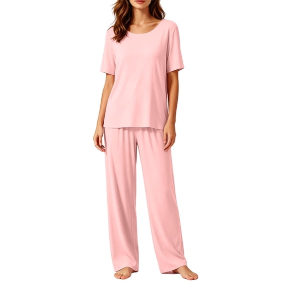 StSilkitty Pajama Sets for Women Short Sleeve Crewneck Tops and Pants Sleepwear 2 Piece Set Lightweight Casual Loungewear