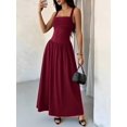 thumbnail image 3 of Petite Womens Burgundy Solid Square Neck Ruched Flared Maxi Dress For Spring Summer, 3 of 8