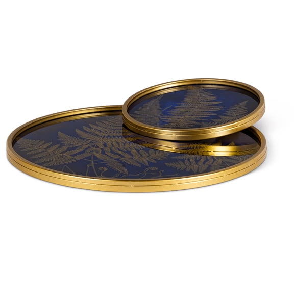 Gerson Set of Two Assorted Blue and Gold Glass Trays with Fern Accents