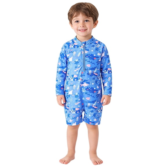 Gunia Baby Swimsuit Boy Long Sleeve Rash Guard With Cartoon Sea Animal Prints Summer Swimming Bathing Suits For Beach Pool 1-5 Years