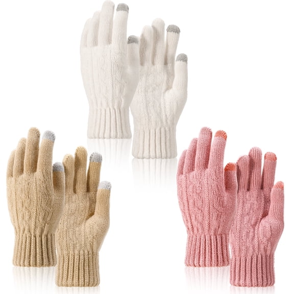 Bocaoying 3 Pairs Winter Gloves for Women, Thermal Knitted Touchscreen Gloves for Women, 3 Colors Warm Elastic Cuff Gloves, Skiing Shoveling Snow Gloves for Cold Weather Outdoors