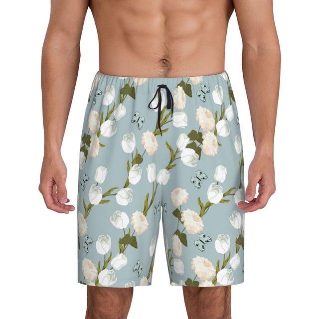 Balery Tulips Flowers Pantalones cortos de pijama de punto de algodón para hombre con cinturilla y bolsillos-Small