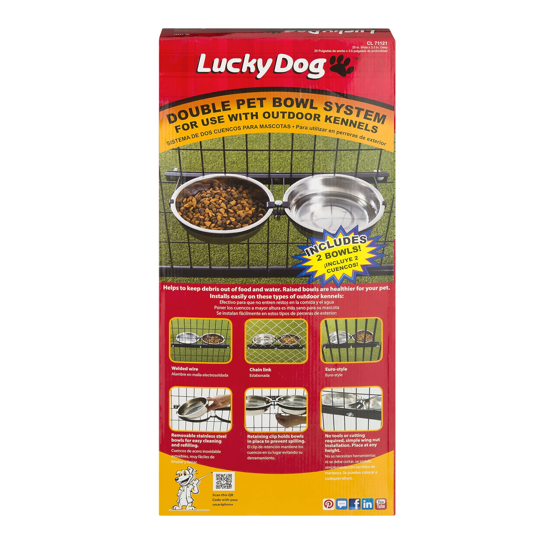 Lucky Dog Double Stainless Steel Food & Water Bowl System Mounted for Pets, (2 Pack)
