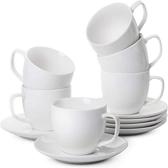 Dsseng Tea Cups and Saucers Set of 6 (8 oz) Cappuccino Cups Coffee Cups White Tea Cup Set British Coffee Cups Porcelain T