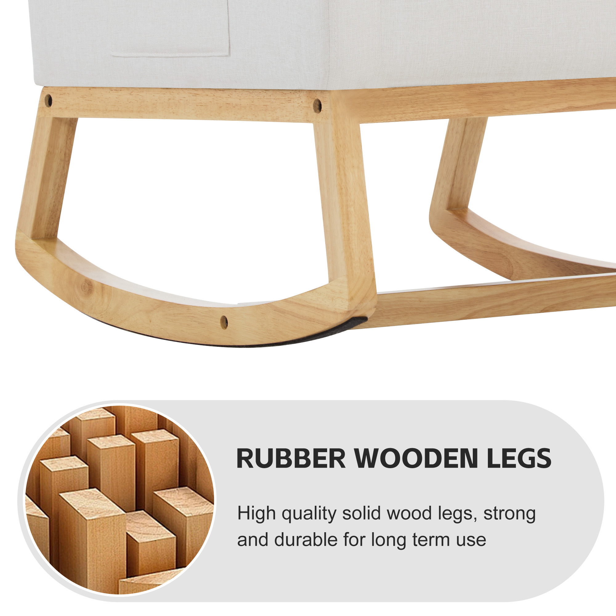 SAETSFEG Rocking Chair Nursery,Linen Upholstered Glider Rocker with Side Pocket and Wood Legs, Modern Accent Chair for Small Space, Living Room, Bedroom, Ivory