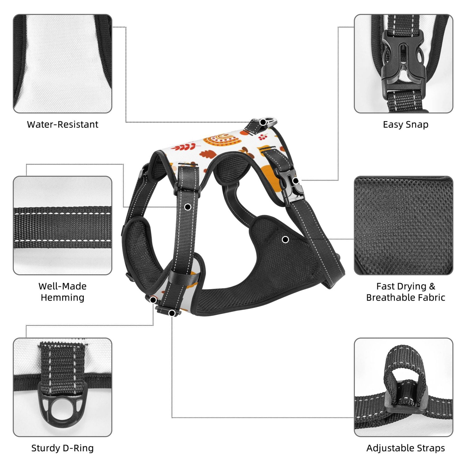 Kdxio Fall Gnomes Harvest Print No Pull Dog Harness Adjustable Reflective Oxford Easy Control Medium Large Dog Harness for Training and Everyday-Small