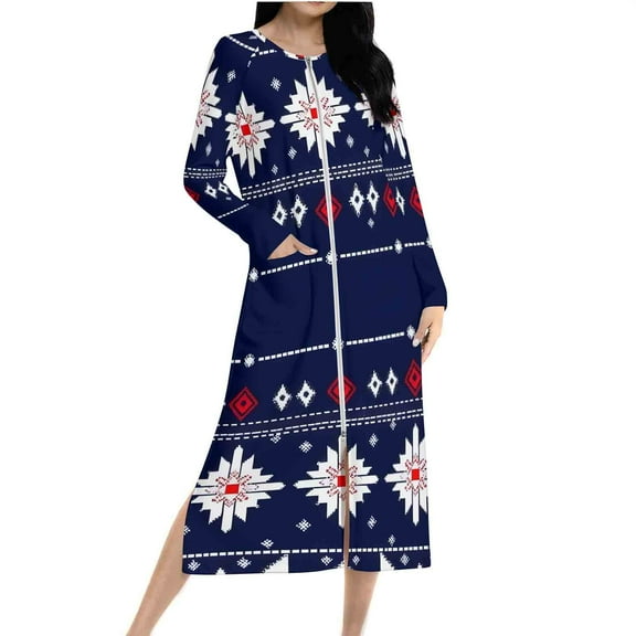 Women's Long Zip Up Robes Xmas Tree Snowflake Pajama Long Sleeve Pockets Bathrobe Soft Gown for Women Comfy Pajama Dress Loose Fit Loungewear Nightwear